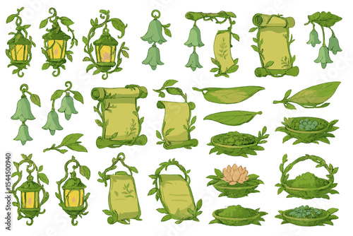 Hand-drawn botanical illustrations of plants, scrolls, and lanterns.