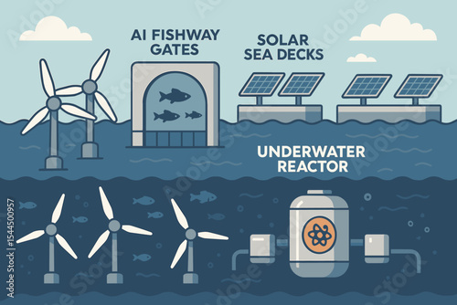 Ocean-based renewable energy station with wind turbines, solar decks, and underwater reactor