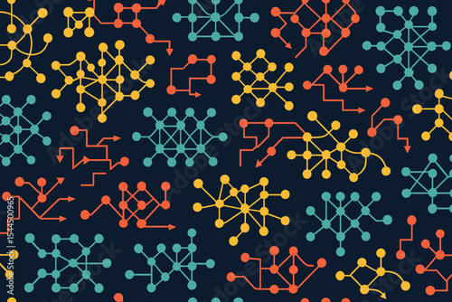 Seamless network diagram pattern with colorful data node structures