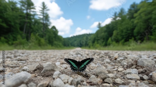 Butterfly gracefully poised on a rugged gravel path, nature's delicate crossroads, invoking Earth Day serenity and Solstice renewal