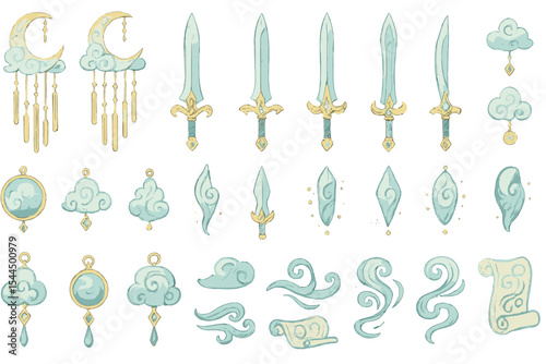 Hand-drawn fantasy UI icons: swords, cloud charms, wind swirls