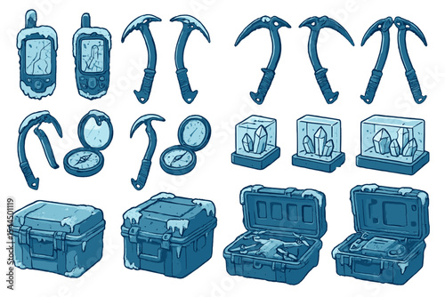 Detailed frozen survival game icons featuring gear and crystals