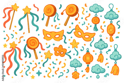 Seamless festive pattern with masks, lollipops, stars, and lanterns