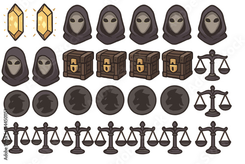 Hand-drawn fantasy UI sheet: crystals, hoods, chests, coins, scales