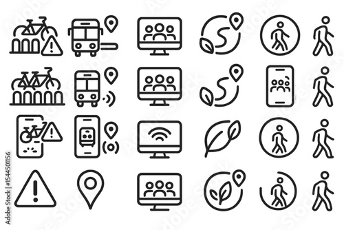 Black line icons representing urban mobility, sustainability, and smart commuting