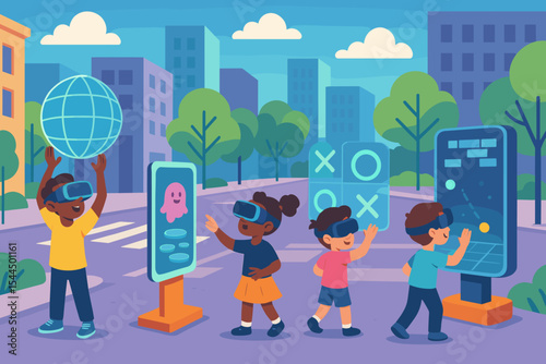 Children interacting with virtual games in augmented city space