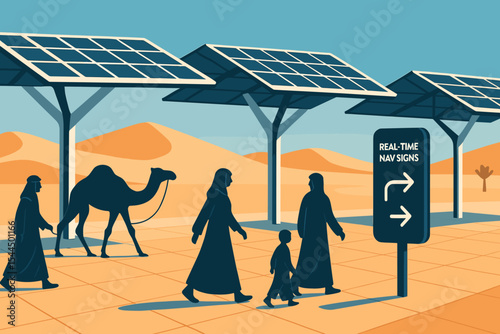 Desert walkway with solar panels and real-time navigation signage