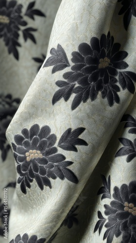 Elegantly draped fabric adorned with inky chrysanthemums, whispers of Hanami celebrations, invoking serene floral symphony in motion