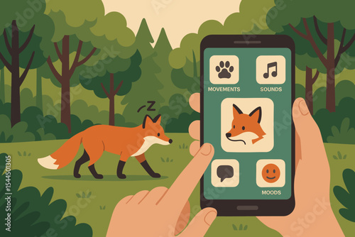 Cartoon forest scene with animal translator app and walking fox