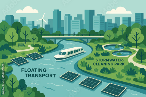 Solar-powered floating transport and stormwater cleaning park