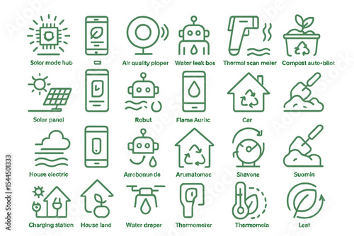 Minimalist line icons of smart sustainable home devices