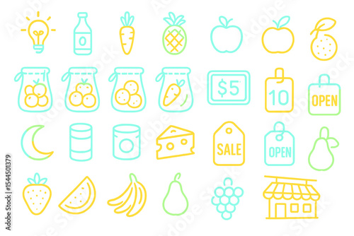 Neon icon set of fruits, food items, price tags, and shop symbols
