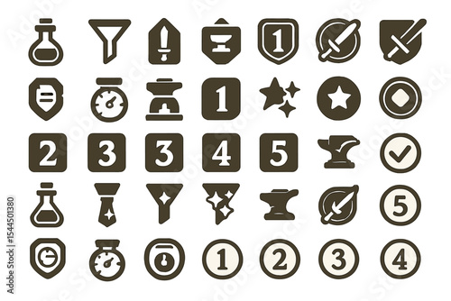Minimalist RPG icon set with potions, weapons, and numeric badges