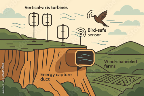 Diagram of eco-friendly wind energy system with turbines and ducts