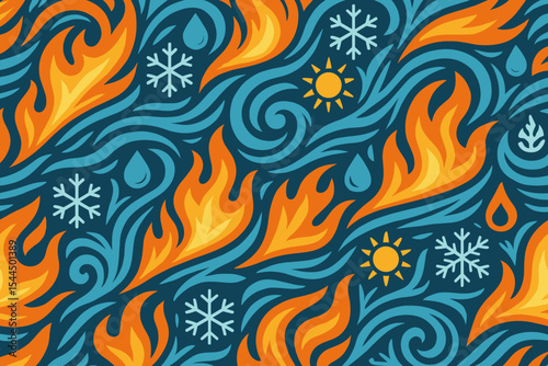 Colorful seamless pattern of fire, water, snowflakes, and sun icons