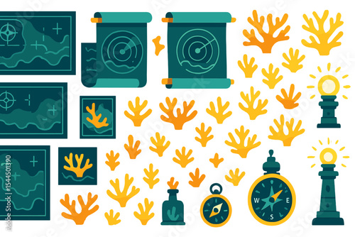 Underwater-themed vector set with maps, coral, compasses, and lights