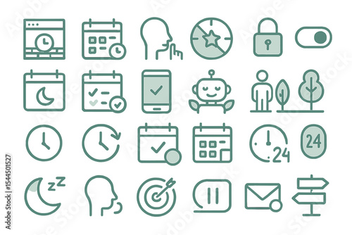 Outlined productivity and time management icon set in green
