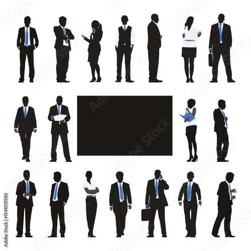 Illustration of business people in flat design style, featuring diverse professionals in office settings, teamwork concept with modern vector characters, perfect for corporate, presentation, and educa