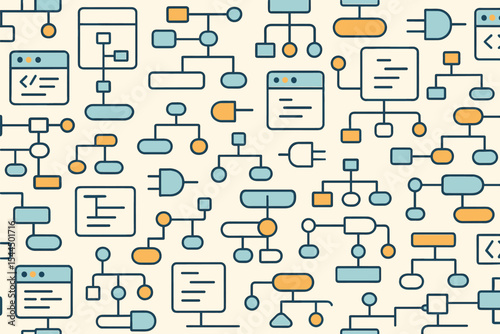 Seamless flowchart pattern with UI windows and logic connectors