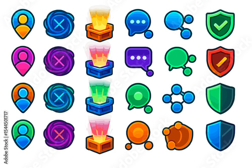 Vibrant neon icon set featuring location markers, portals, loot boxes, chat, and shields