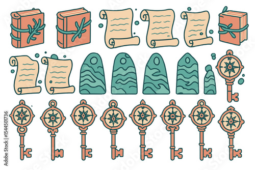 Fantasy ocean relics with scrolls, books, keys, and rune stones