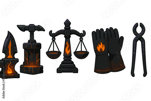 Fantasy blacksmith gear icons with glowing ember accents