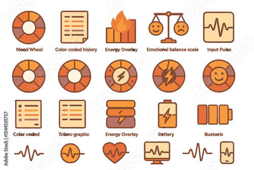 Emotional and energy tracking icon set with mood wheels and pulse charts