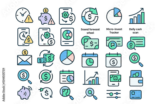 Finance and budget planning icons with gradient blue-green tones