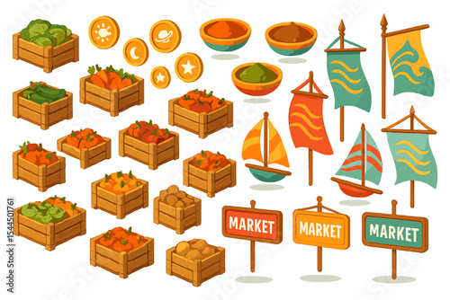 Colorful cartoon icons of market produce crates, spices, and flags