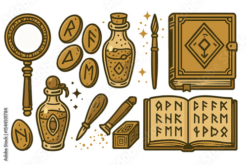 Fantasy alchemy and rune icon set with books, potions, and tools