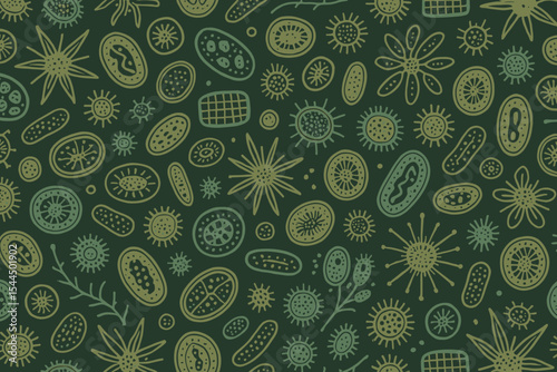 Seamless pattern of stylized bacteria and microorganisms on dark background