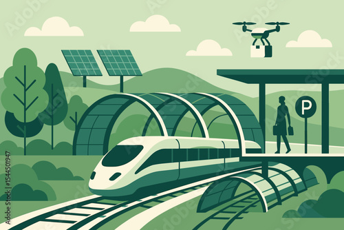 Illustration of a green smart city with bullet train, drone delivery, and solar panels