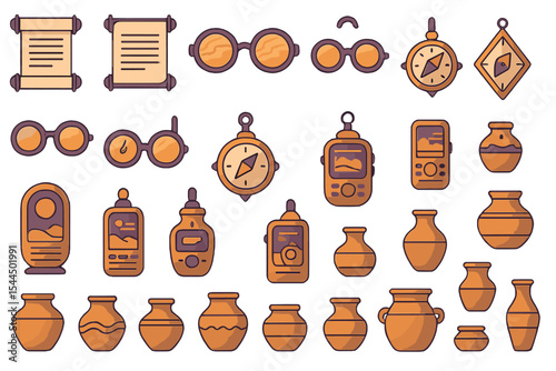 Set of explorer-themed icons including scrolls, gadgets, and pottery