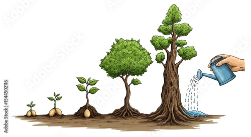 Illustrating Growth Phases of a Tree Being Watered