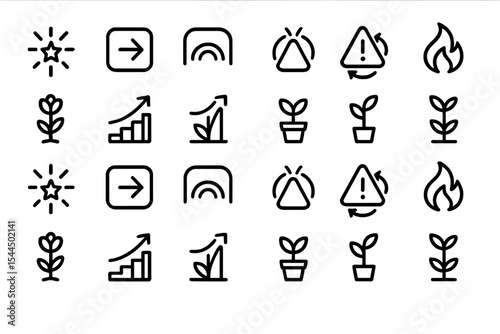 Set of black vector icons including growth, alerts, arrows, and flames with a focus on progression, actions, and notifications.
