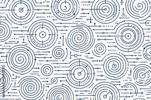 Dynamic pattern of spirals and digital lines creating a tech-inspired design.