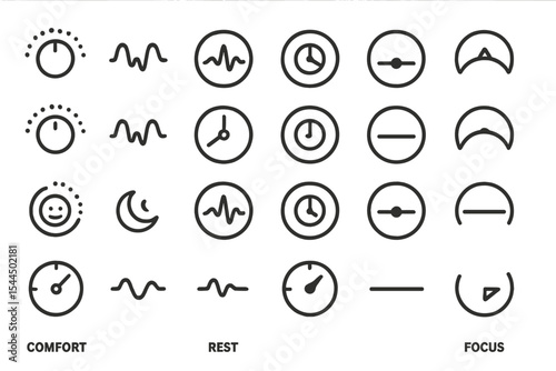 Minimalist UI icon set representing comfort, rest, and focus states