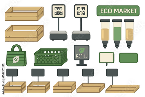 Eco market icon set with refill stations, crates, signs, and QR scales
