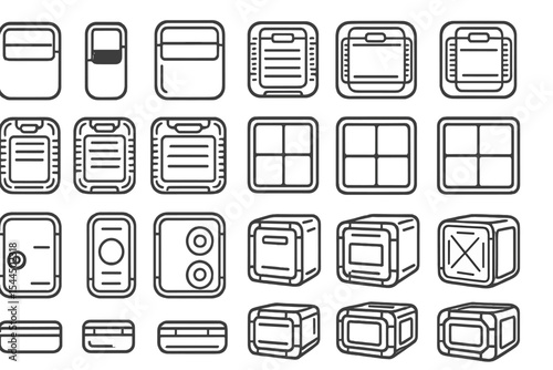 Futuristic tech container and module icon set with cubes and control panels
