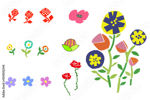 刺繍、バラなど様々な花の手描きイラスト集(ベクター)
