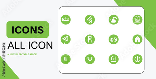 Collection of Green and White Icons Representing Various Functions and Applications