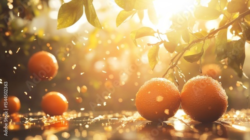 Oranges on a wooden table, sun shining through the leaves above. Use for ads related to health, fresh fruit, or summer products.