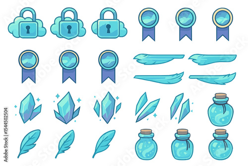 Fantasy-themed UI icons with crystals, feathers, ribbons, and potion bottles