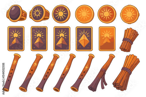 Set of mystical symbols including pyramids, sun icons, and flutes.