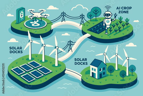 Sustainable smart island with AI farming, wind turbines, and solar docks