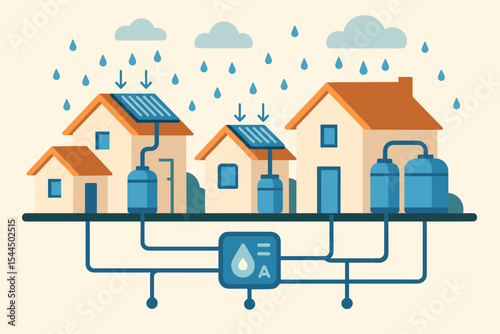 Illustration of eco-friendly homes with solar panels and rainwater harvesting systems, connected to water tanks for efficient water management.