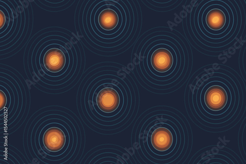 Seamless pattern of glowing orange circles surrounded by concentric blue rings, creating a visually striking and balanced design on a dark background.