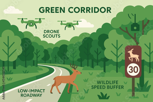A green corridor featuring drone scouts, wildlife speed buffer, and low-impact roadways designed to protect nature and wildlife.
