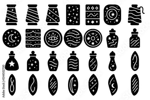 Set of mystical yarn and thread icons in bold black silhouette style
