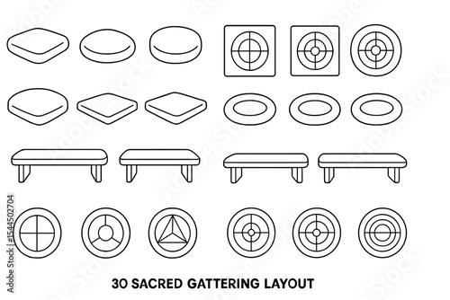 Minimalist sacred gathering icons for ceremonial seating and layouts